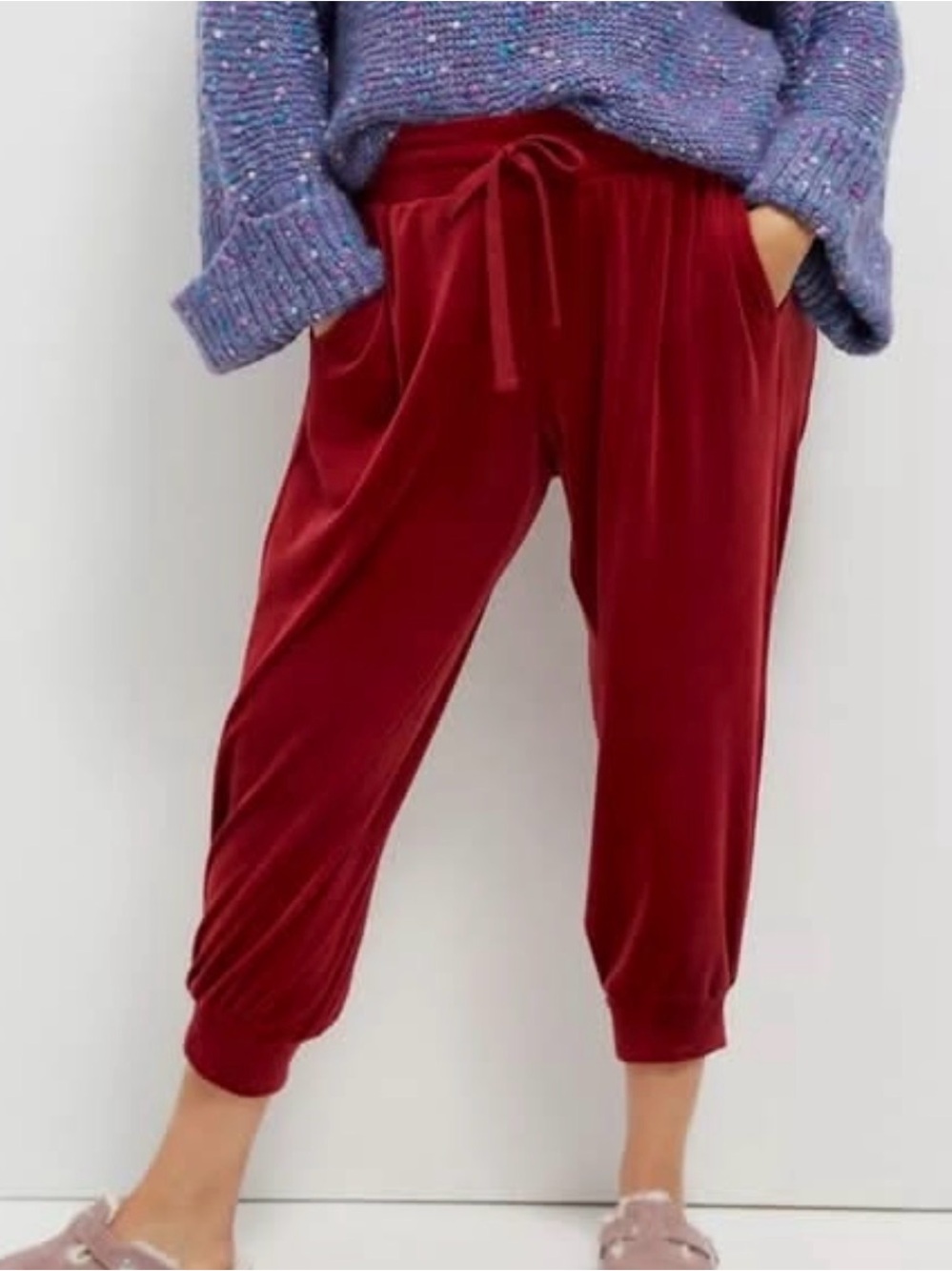 Anthropologie Velvet Drawstring Cropped Pants in Deep Wine